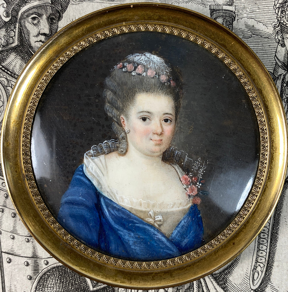 Antique c.1770s French Portrait Miniature, Woman in Blue Gown with Lace, Open Bodice