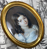 Stunning Beautiful Young French Girl c.1810-20 Portrait Miniature, Brunette Empire Gown