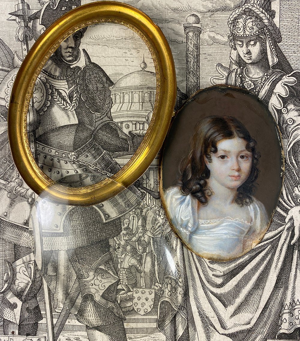 Stunning Beautiful Young French Girl c.1810-20 Portrait Miniature, Brunette Empire Gown