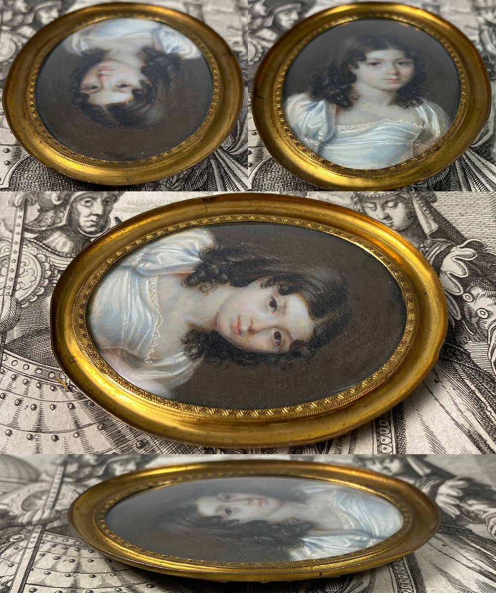 Stunning Beautiful Young French Girl c.1810-20 Portrait Miniature, Brunette Empire Gown