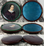 Antique French Portrait Miniature in Leather Etui, Case, c.1835-45 Beautiful Woman w Cameo