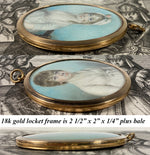 Antique c.1790-1800 2 French Portrait Miniature Sisters in Superb 18k Gold Locket Frame 2.5" Plus Bale