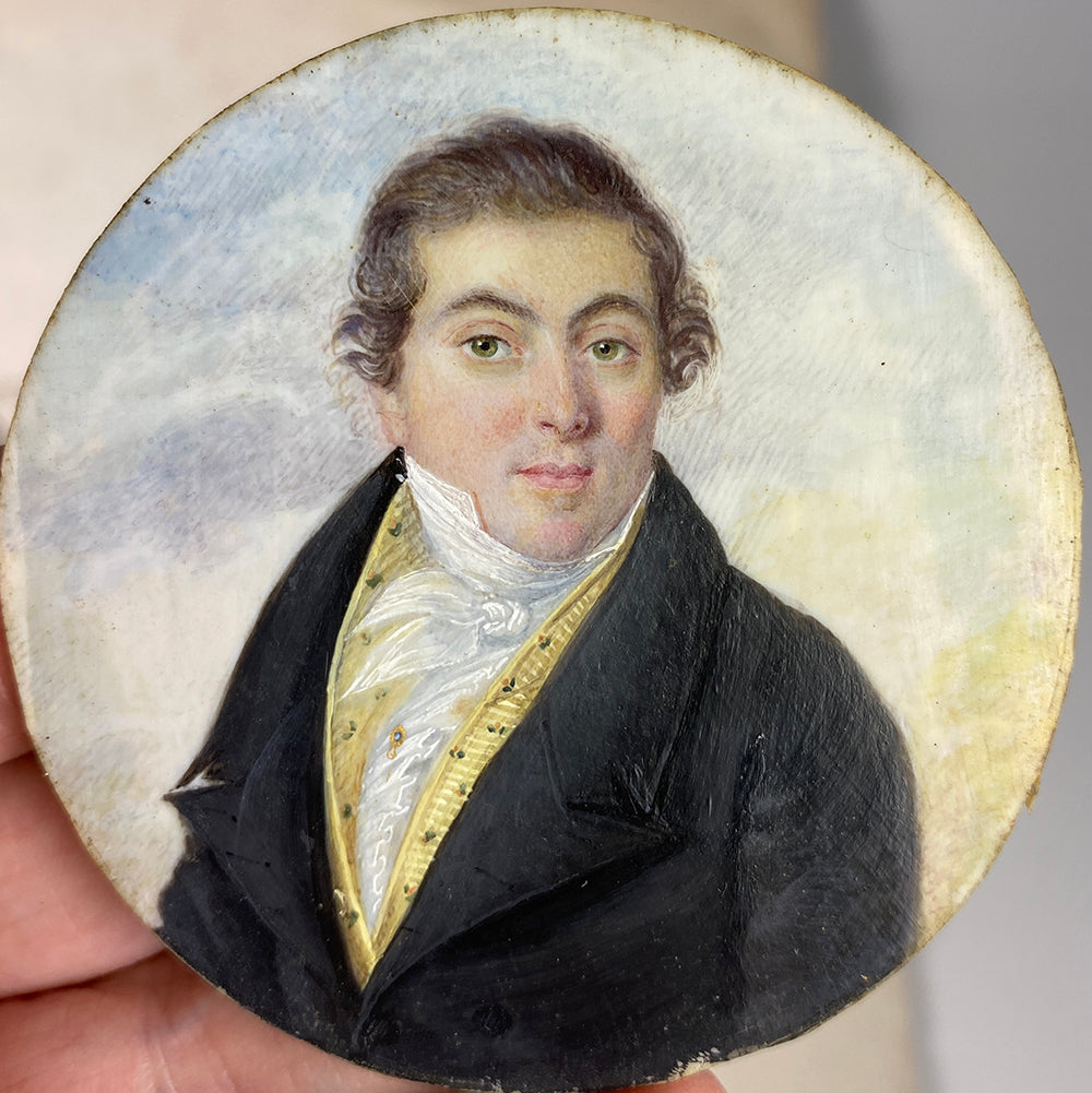 Fine Antique French Portrait Miniature of a Handsome Gentleman, c.1825-35, Silk Embroidered Vest