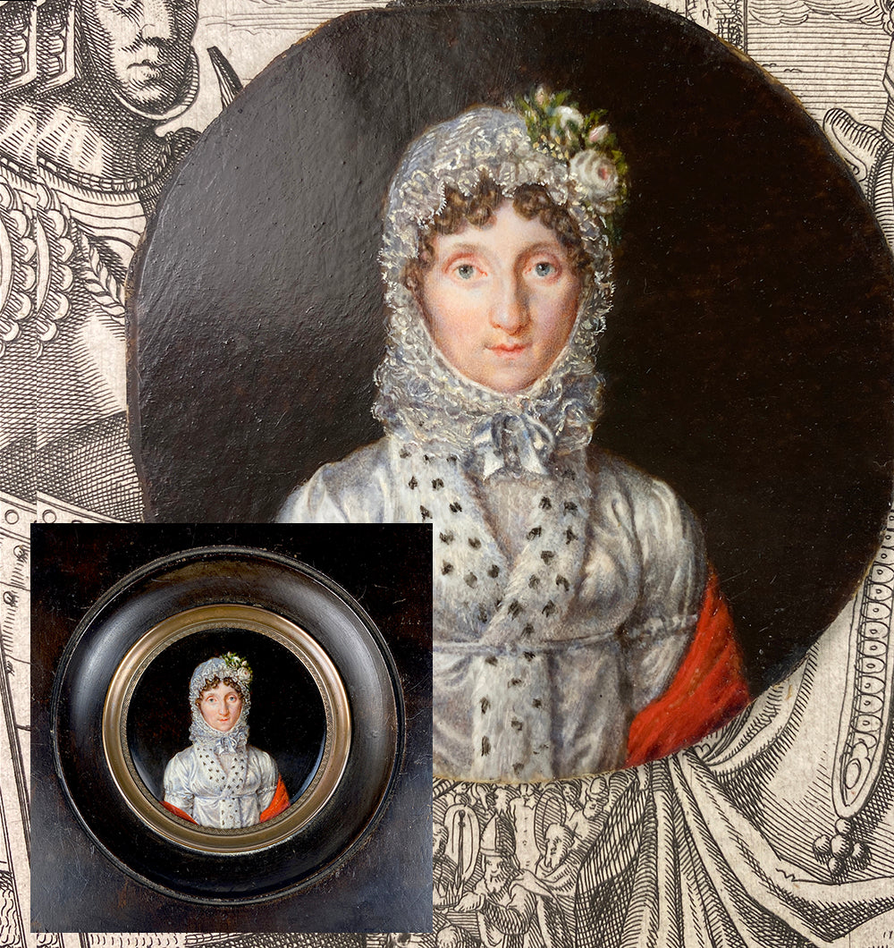 Antique French Portrait Miniature, Post Revolutionary Royalist, Lace Bonnet, Ermine Collar