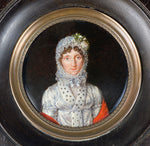 Antique French Portrait Miniature, Post Revolutionary Royalist, Lace Bonnet, Ermine Collar