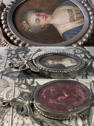 Antique Hand Painted Portrait Miniature, Silver Locket Mount, Pendant with Bow Top