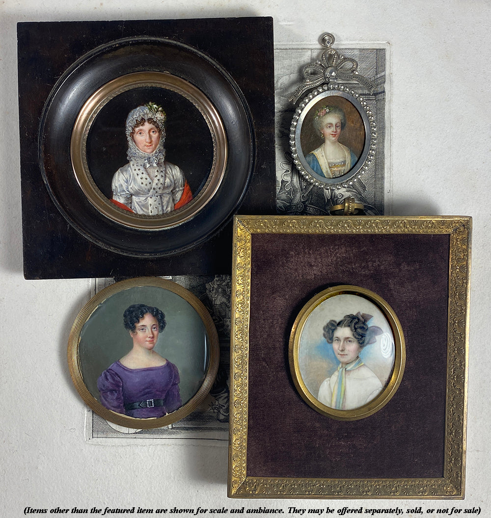 Antique Hand Painted Portrait Miniature, Silver Locket Mount, Pendant with Bow Top