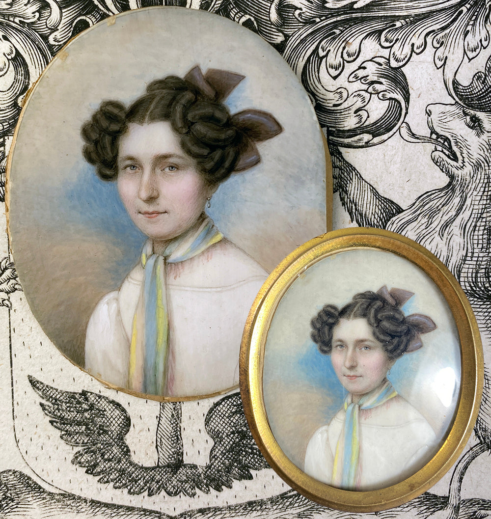 Antique Vienna Austria c.1830s Portrait Miniature, Beautiful Woman, Dore Bronze Frame