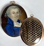 Antique Continental Portrait Miniature, Powdered Wig Gent in 18k Gold Oyster Locket Frame, Plaited Hair Back