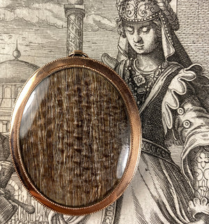 Antique Continental Portrait Miniature, Powdered Wig Gent in 18k Gold Oyster Locket Frame, Plaited Hair Back