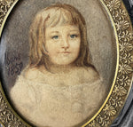 Beautiful Antique French Portrait Miniature of a Child, Signed and Dated 1859, Bow Top Bronze Frame