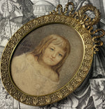Beautiful Antique French Portrait Miniature of a Child, Signed and Dated 1859, Bow Top Bronze Frame