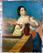 Vintage French Oil Painting on Metal Plaque, Girl at Well with Water Jug, Modern Frame