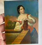 Vintage French Oil Painting on Metal Plaque, Girl at Well with Water Jug, Modern Frame
