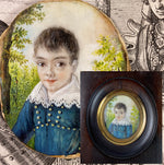 Antique French Portrait Miniature of a Young Boy, Child, Huge Brown Eyes, Landscape