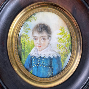 Antique French Portrait Miniature of a Young Boy, Child, Huge Brown Eyes, Landscape