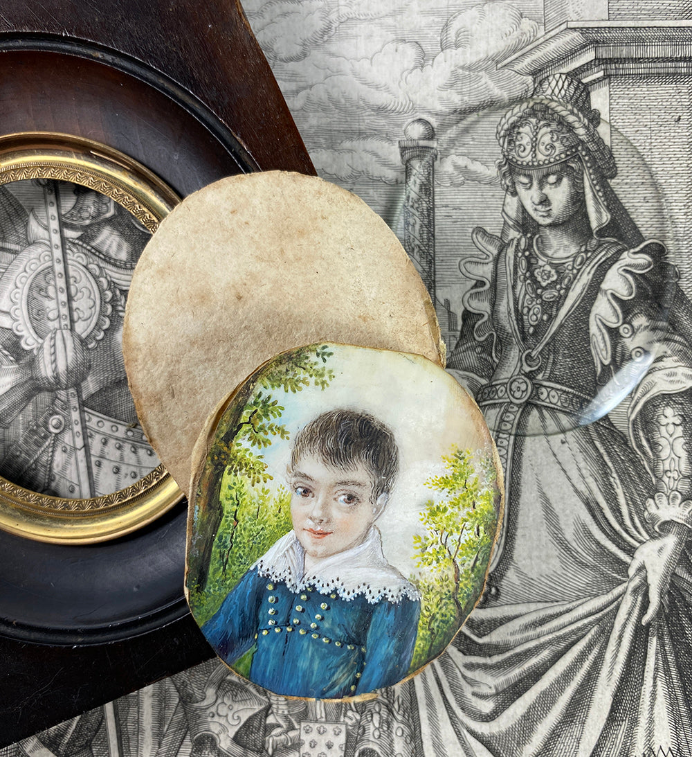 Antique French Portrait Miniature of a Young Boy, Child, Huge Brown Eyes, Landscape