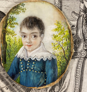 Antique French Portrait Miniature of a Young Boy, Child, Huge Brown Eyes, Landscape