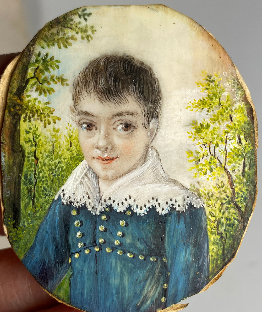 Antique French Portrait Miniature of a Young Boy, Child, Huge Brown Eyes, Landscape