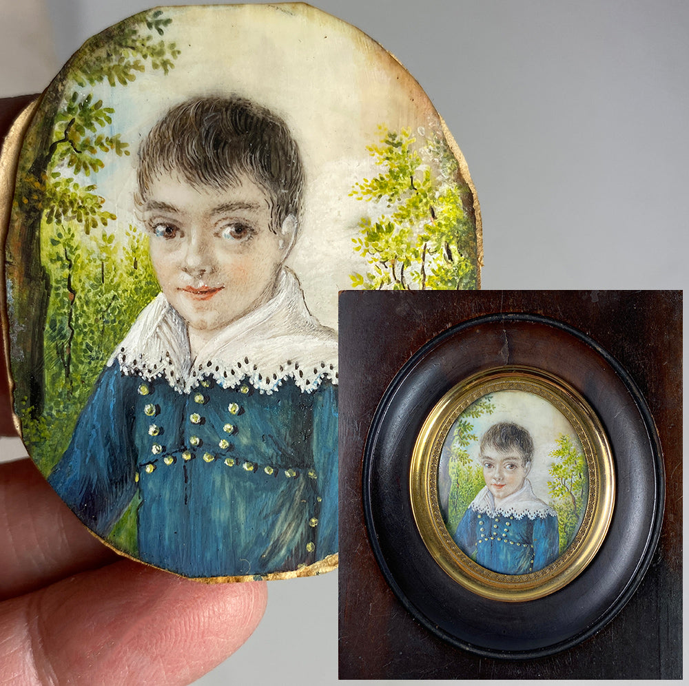 Antique French Portrait Miniature of a Young Boy, Child, Huge Brown Eyes, Landscape