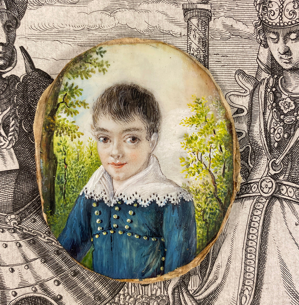 Antique French Portrait Miniature of a Young Boy, Child, Huge Brown Eyes, Landscape