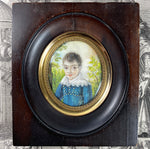 Antique French Portrait Miniature of a Young Boy, Child, Huge Brown Eyes, Landscape