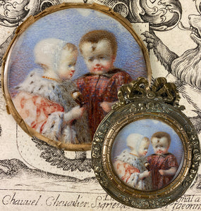 RARE Antique French or Prussian Portrait Miniature of 2 Small Children, Toddlers, One in Royal Robe with Ermine