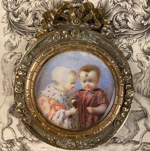 RARE Antique French or Prussian Portrait Miniature of 2 Small Children, Toddlers, One in Royal Robe with Ermine