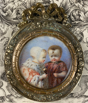 RARE Antique French or Prussian Portrait Miniature of 2 Small Children, Toddlers, One in Royal Robe with Ermine