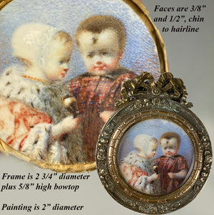 RARE Antique French or Prussian Portrait Miniature of 2 Small Children, Toddlers, One in Royal Robe with Ermine