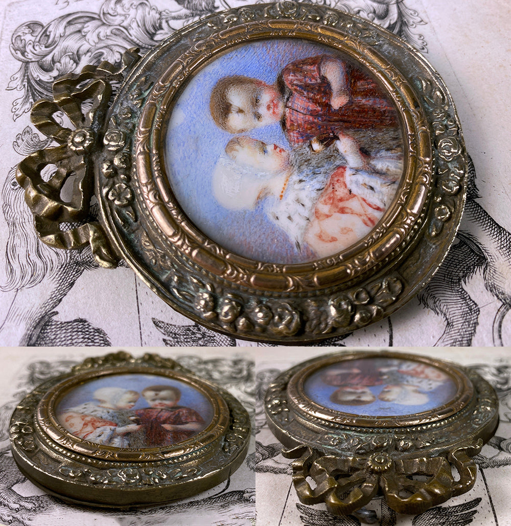 RARE Antique French or Prussian Portrait Miniature of 2 Small Children, Toddlers, One in Royal Robe with Ermine