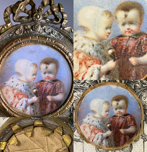 RARE Antique French or Prussian Portrait Miniature of 2 Small Children, Toddlers, One in Royal Robe with Ermine