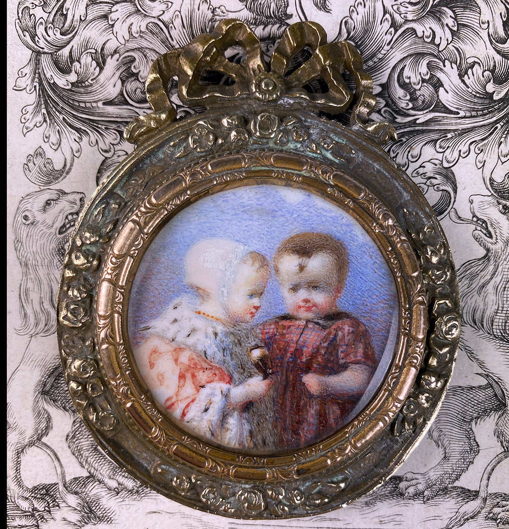 RARE Antique French or Prussian Portrait Miniature of 2 Small Children, Toddlers, One in Royal Robe with Ermine