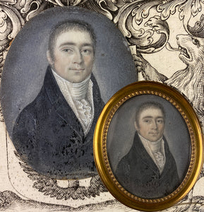 Antique French Portrait Miniature of a Gentleman, c.1820, Grisaille Gouache, in Frame