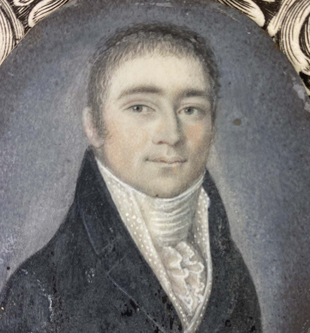 Antique French Portrait Miniature of a Gentleman, c.1820, Grisaille Gouache, in Frame