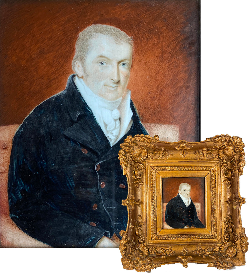 Antique c.1830s Portrait Miniature, Blond Blue-eyed Handsome Man in Double Breasted Coat, in Frame