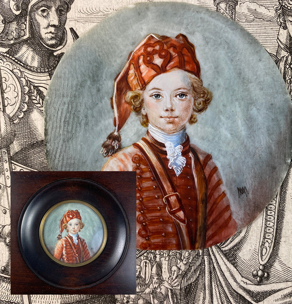 Antique Prussian Portrait Miniature of a Child, Russian or Hussar Uniform, Blond Blue-eyed Boy