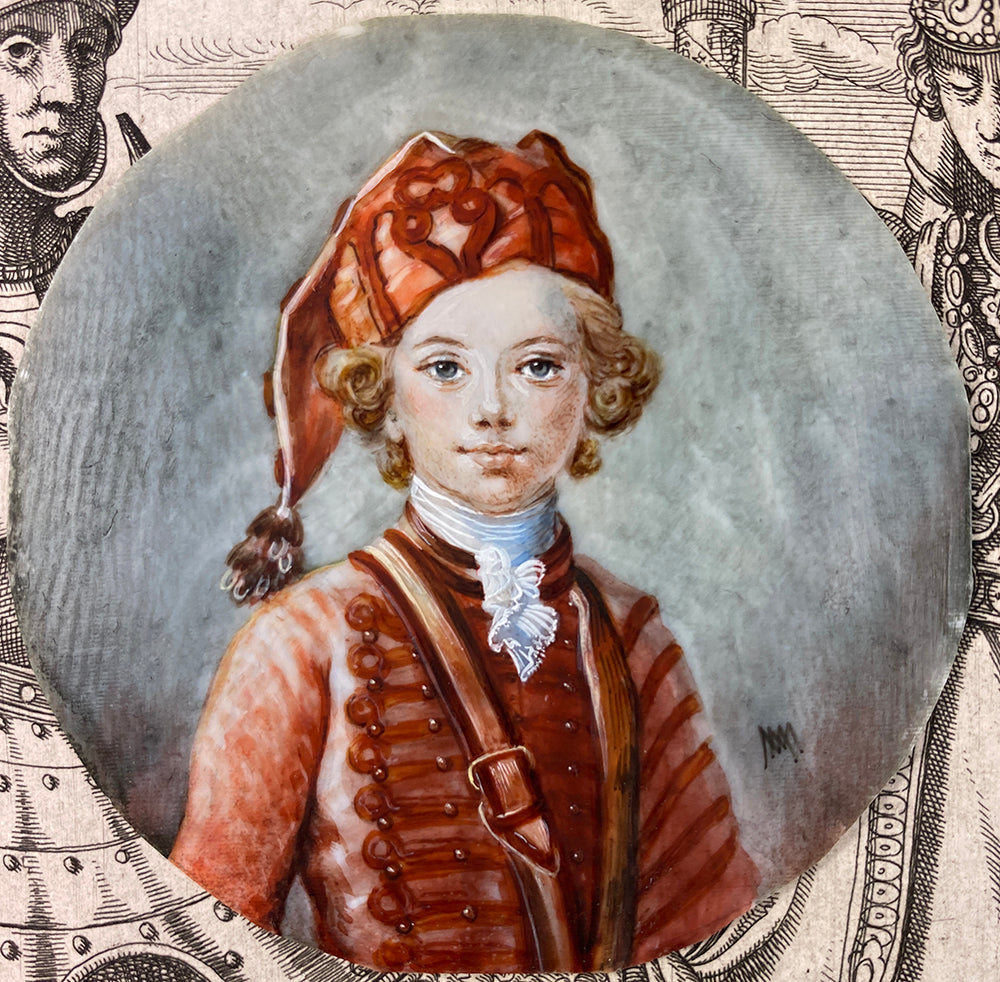 Antique Prussian Portrait Miniature of a Child, Russian or Hussar Uniform, Blond Blue-eyed Boy