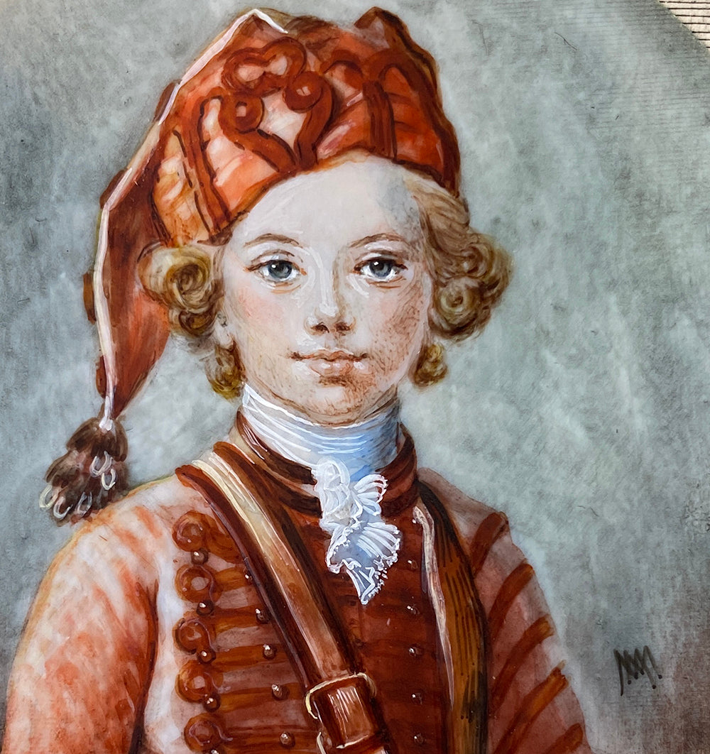 Antique Prussian Portrait Miniature of a Child, Russian or Hussar Uniform, Blond Blue-eyed Boy