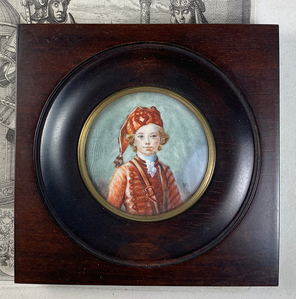 Antique Prussian Portrait Miniature of a Child, Russian or Hussar Uniform, Blond Blue-eyed Boy