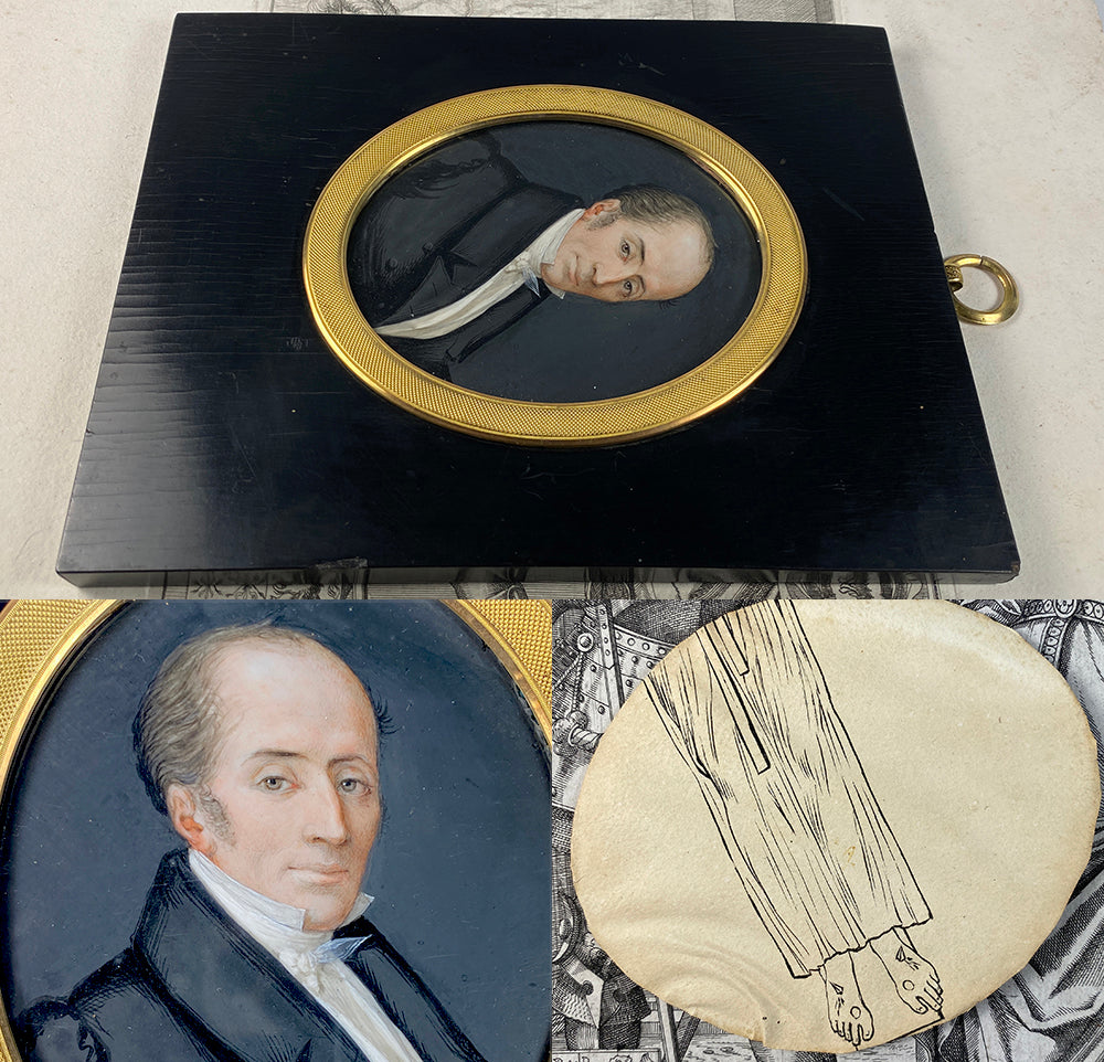Antique French Empire Portrait Miniature of a Gentleman, c.1810-20, Dore Bronze and Wood Frame