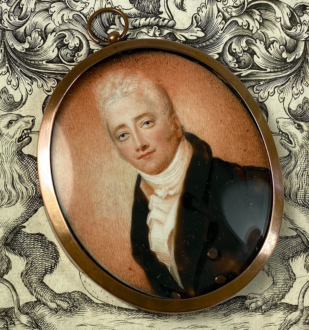 Antique Continental Portrait Miniature, c.1820-30, Blond Gentleman with Gray Eyes