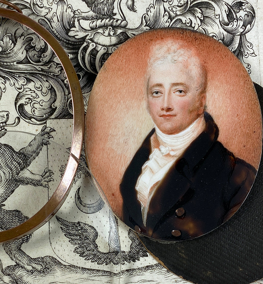 Antique Continental Portrait Miniature, c.1820-30, Blond Gentleman with Gray Eyes