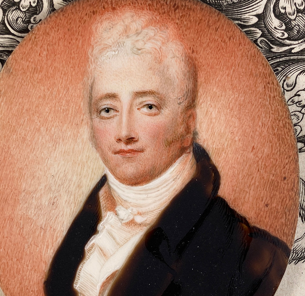 Antique Continental Portrait Miniature, c.1820-30, Blond Gentleman with Gray Eyes