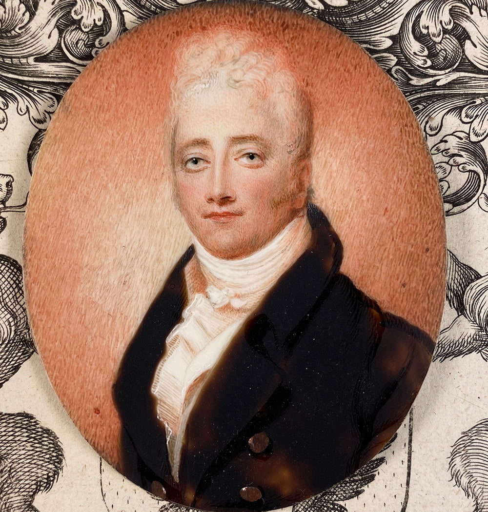 Antique Continental Portrait Miniature, c.1820-30, Blond Gentleman with Gray Eyes