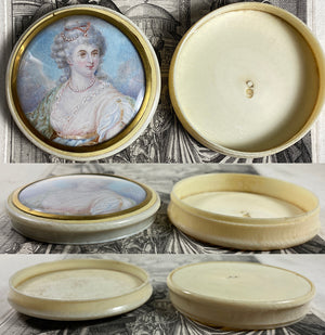 Antique French Portrait Miniature Woman, Louis XVI Era, Ivory Snuff Box c. 1770-1840