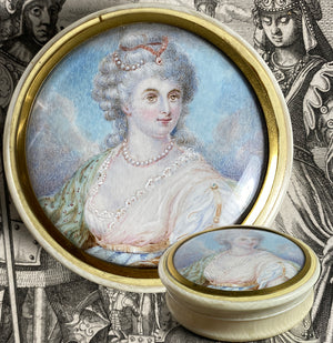 Antique French Portrait Miniature Woman, Louis XVI Era, Ivory Snuff Box c. 1770-1840