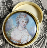 Antique French Portrait Miniature Woman, Louis XVI Era, Ivory Snuff Box c. 1770-1840