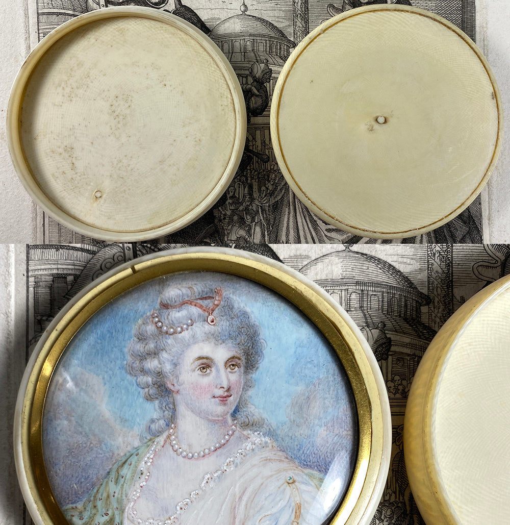 Antique French Portrait Miniature Woman, Louis XVI Era, Ivory Snuff Box c. 1770-1840