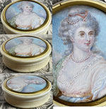 Antique French Portrait Miniature Woman, Louis XVI Era, Ivory Snuff Box c. 1770-1840